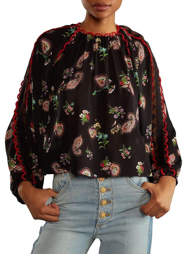 Womens Paisley Loop-Trim Silk Blouse Product Image