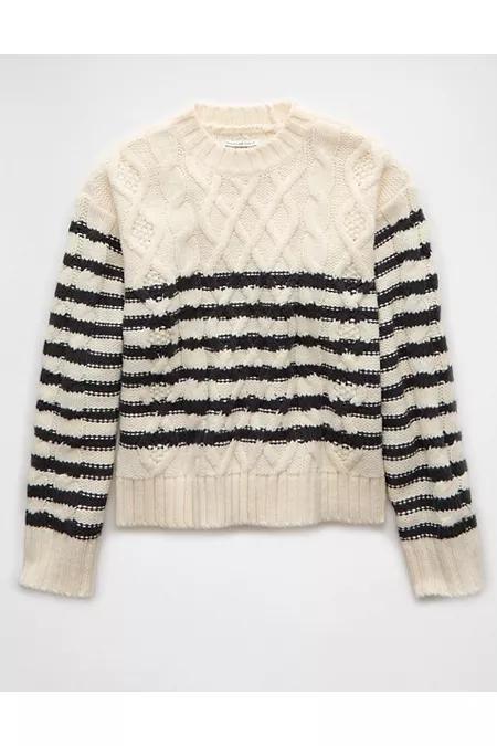 AE Striped Cable Knit Crew Neck Sweater Womens Product Image