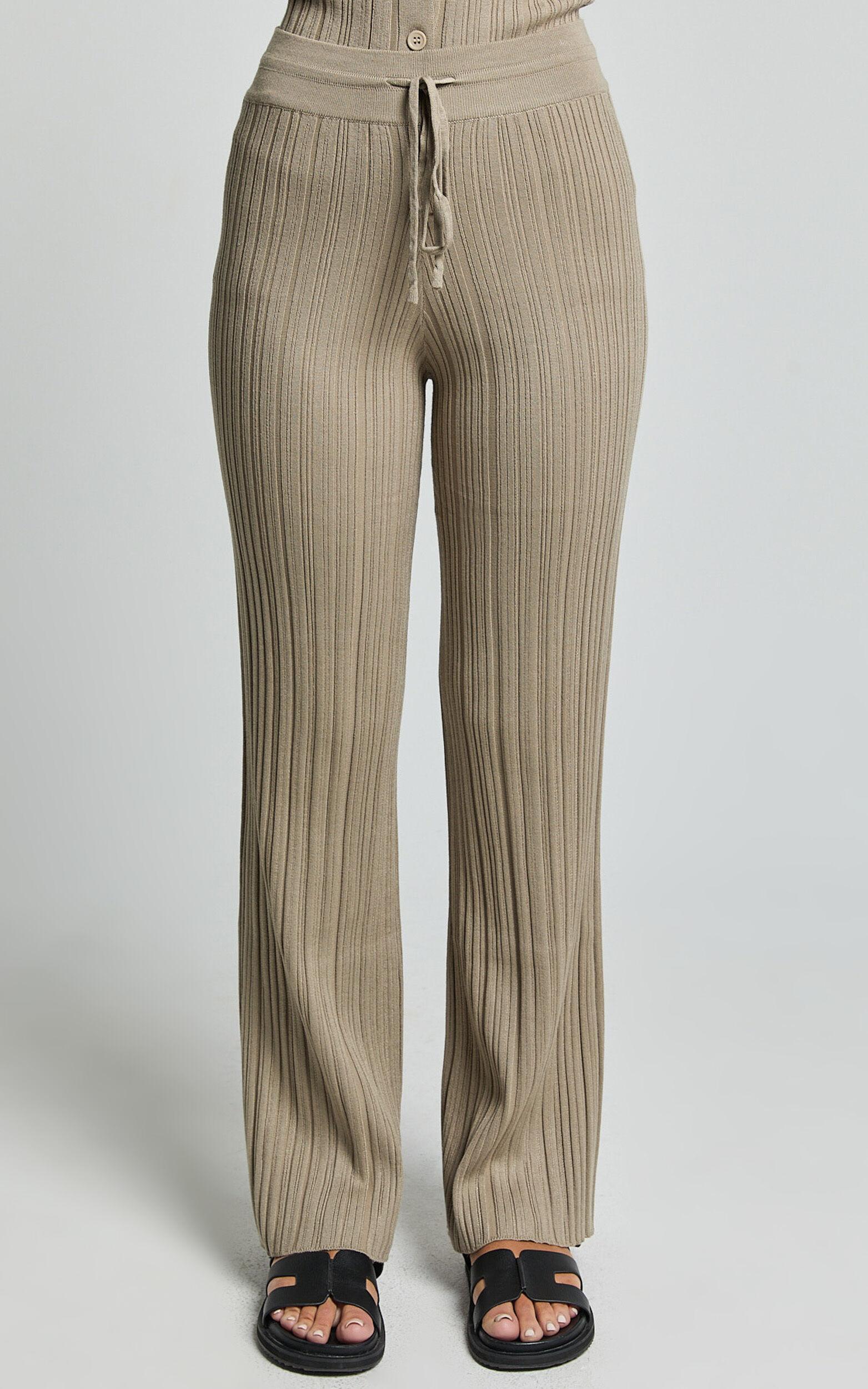 Kelsey Pants - High Drawstring Waist Knit Pants in Taupe Product Image