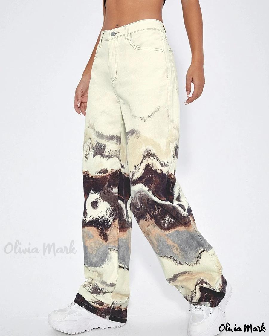 Olivia Mark – Stylish and High-waisted Denim Pants with Artistic Ink Splatter Design and Personalized Patchwork, Perfect for Fashion-forward and Casual Looks Product Image