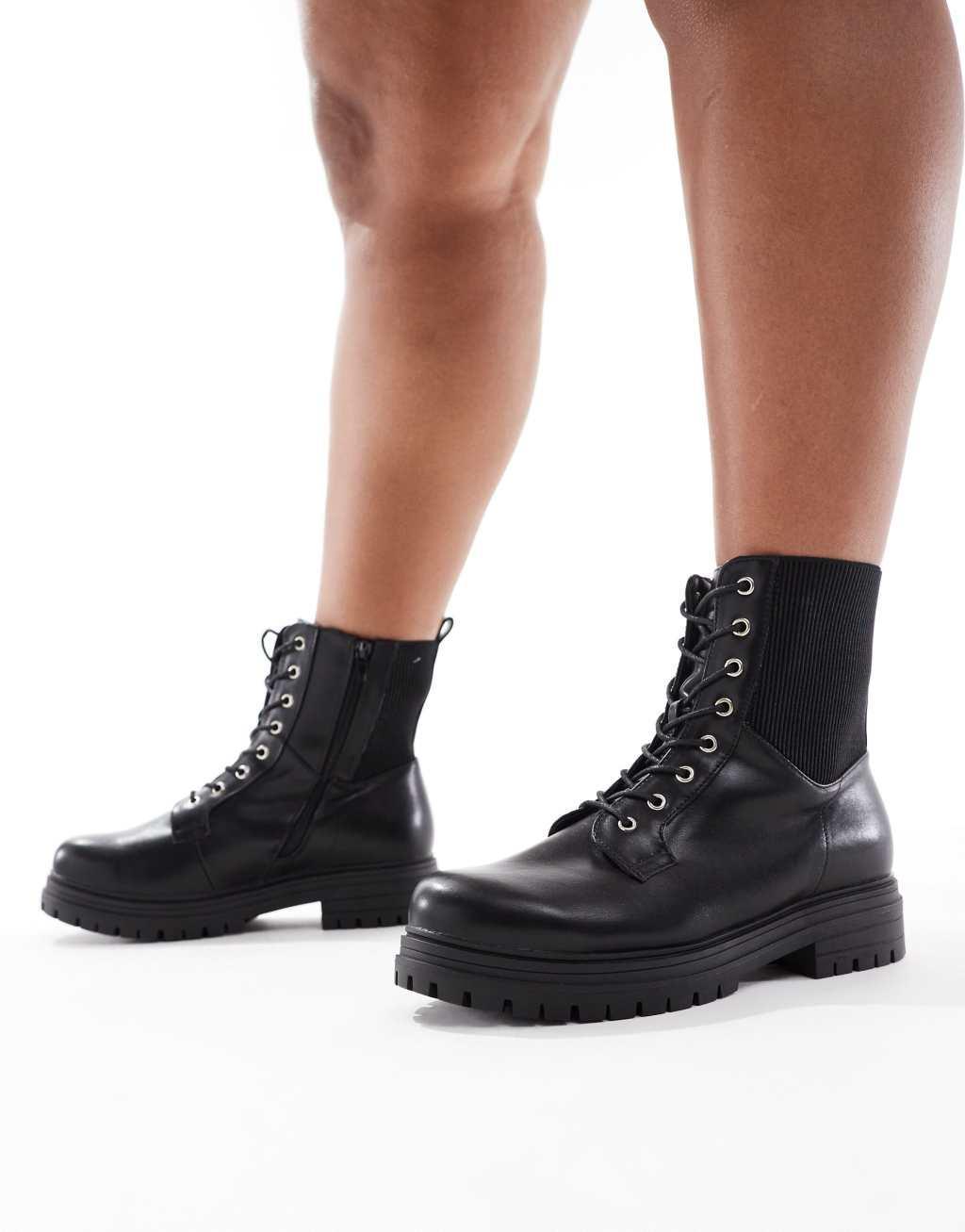 Yours lace up chunky ankle boots in black Product Image