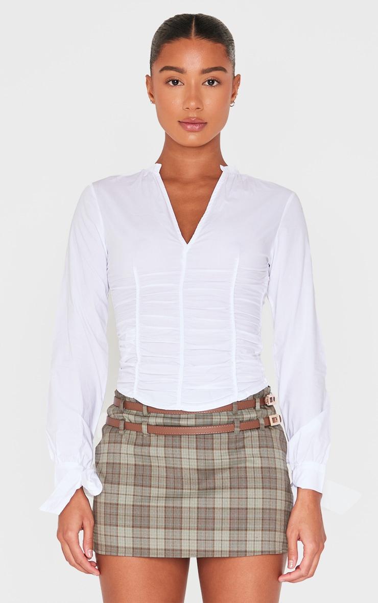 White Ruched Front Tie Detail Shirt Product Image