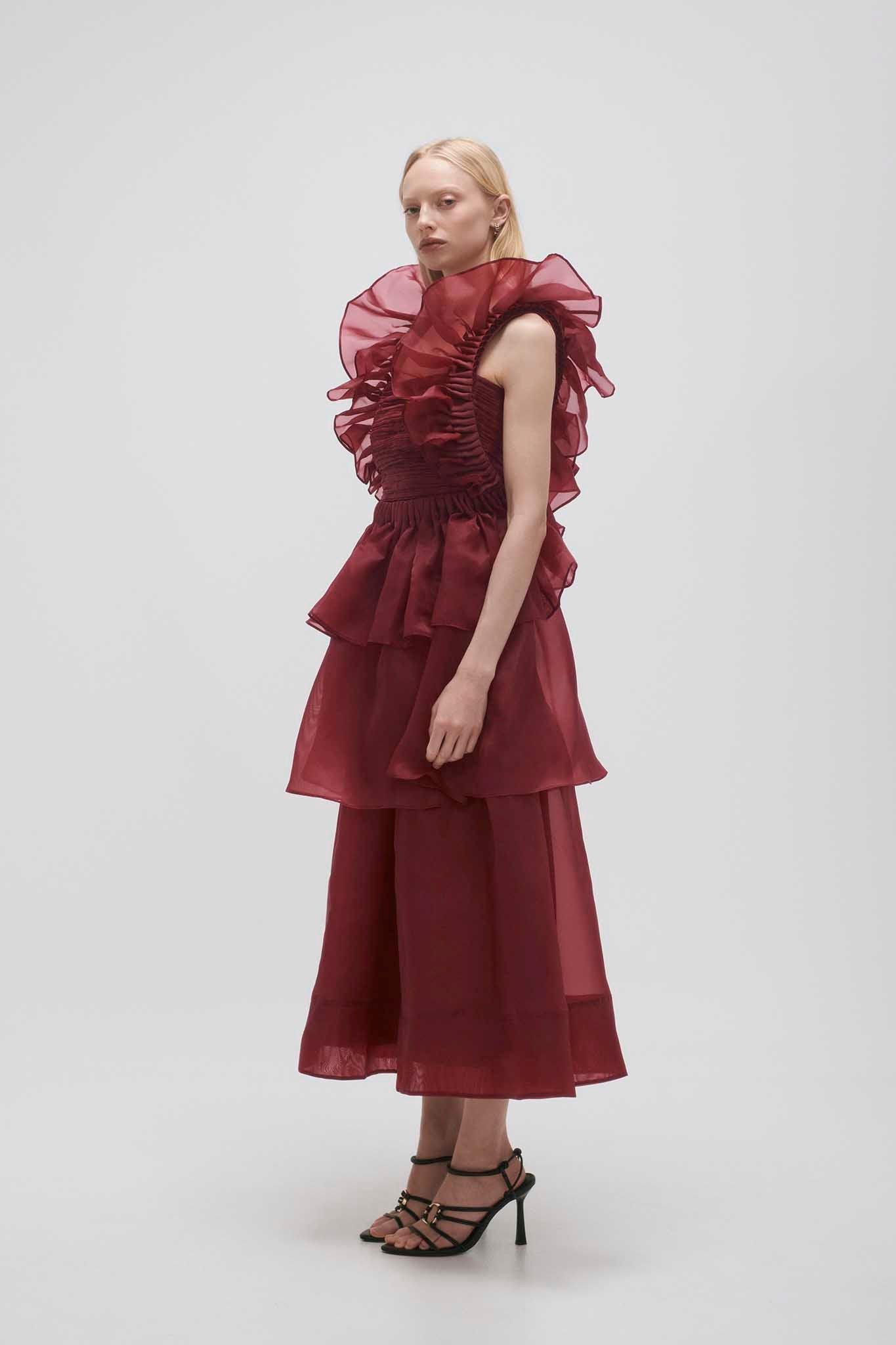 Asra Pleated Frill Midi Dress Product Image