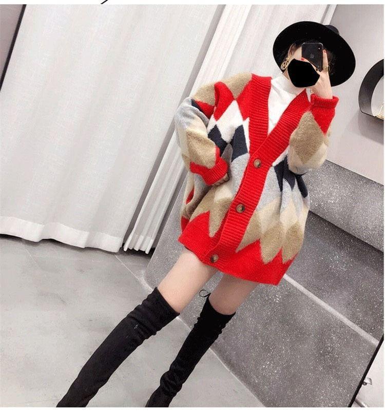 V-Neck Color Block Cardigan Product Image