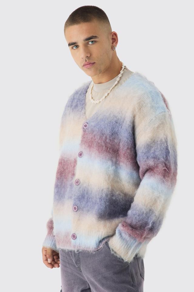 Oversized Boxy Brushed Ombre Stripe Knitted Cardigan | boohooMAN USA Product Image