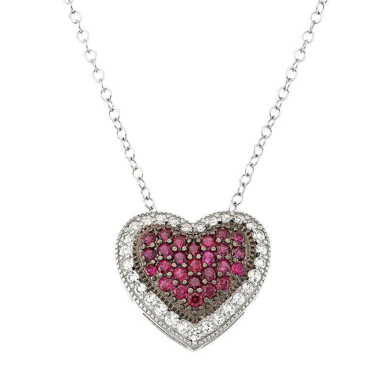 Two Tone Sterling Silver Lab-Created Ruby & Lab-Created White Sapphire Heart Pendant Necklace, Womens Red Product Image