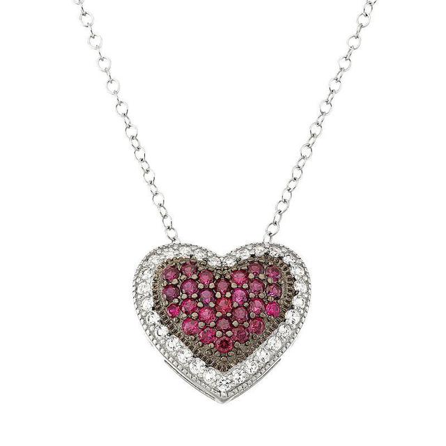 Two Tone Sterling Silver Lab-Created Ruby & Lab-Created White Sapphire Heart Pendant Necklace, Womens Red Product Image