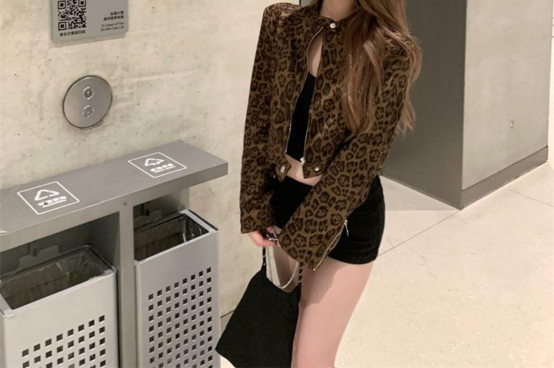 Leopard Print Crop Zip Jacket Product Image