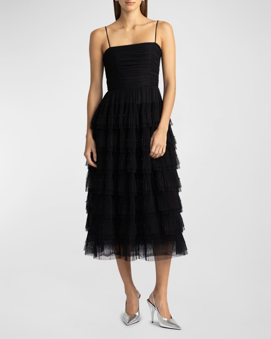 Strapless Layered Pleated Tulle Midi Dress Product Image