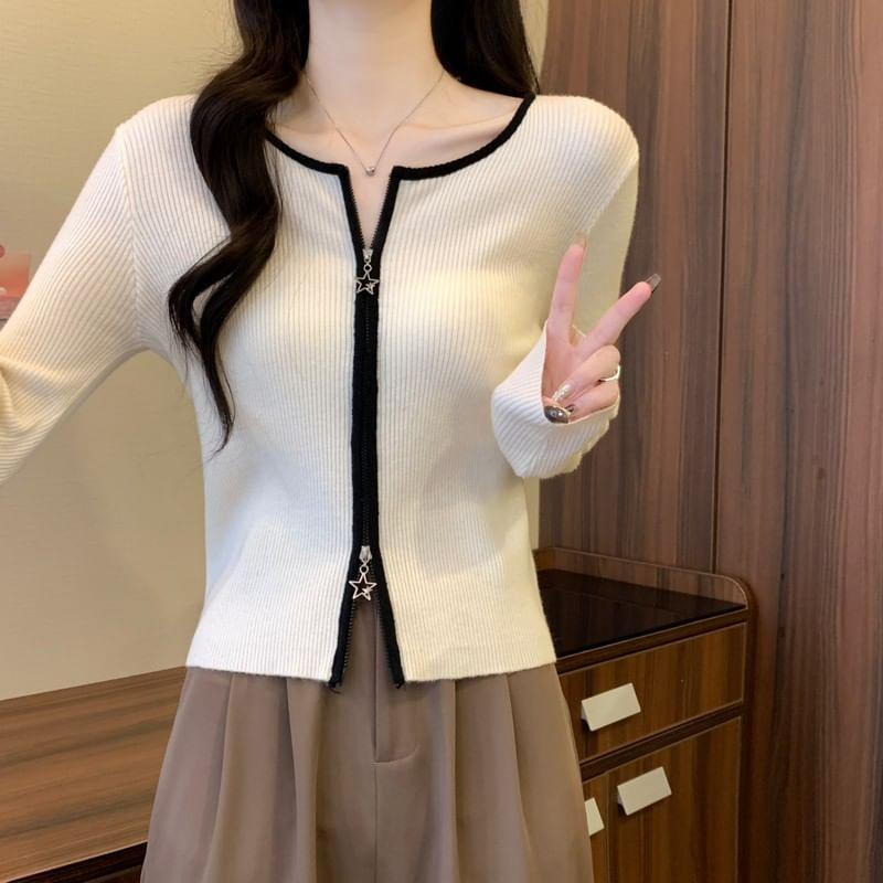 Long-Sleeve Contrast Trim Ribbed Zip Knit Top Product Image