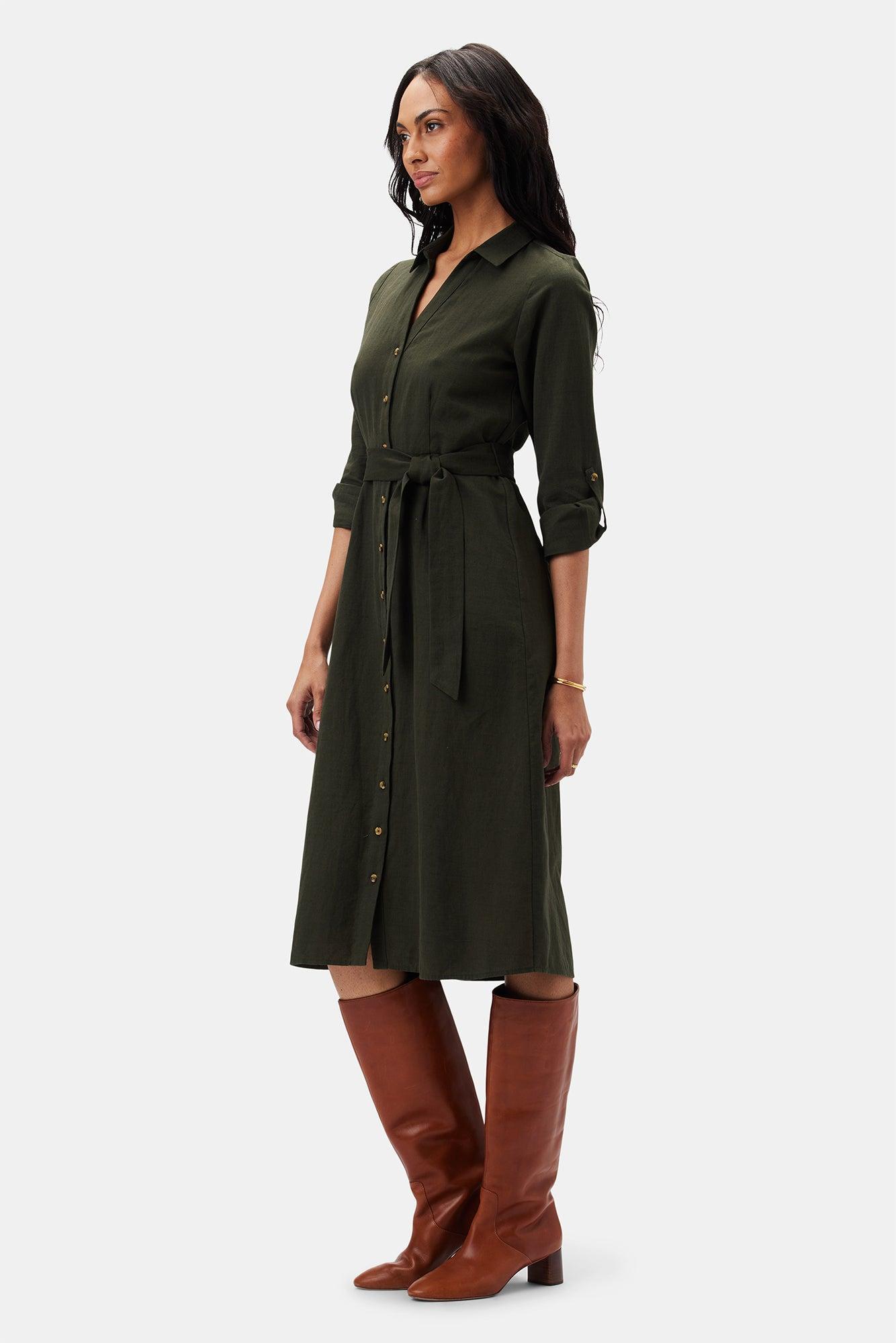 Joyce Cotton Linen Dress - Olive Green Product Image