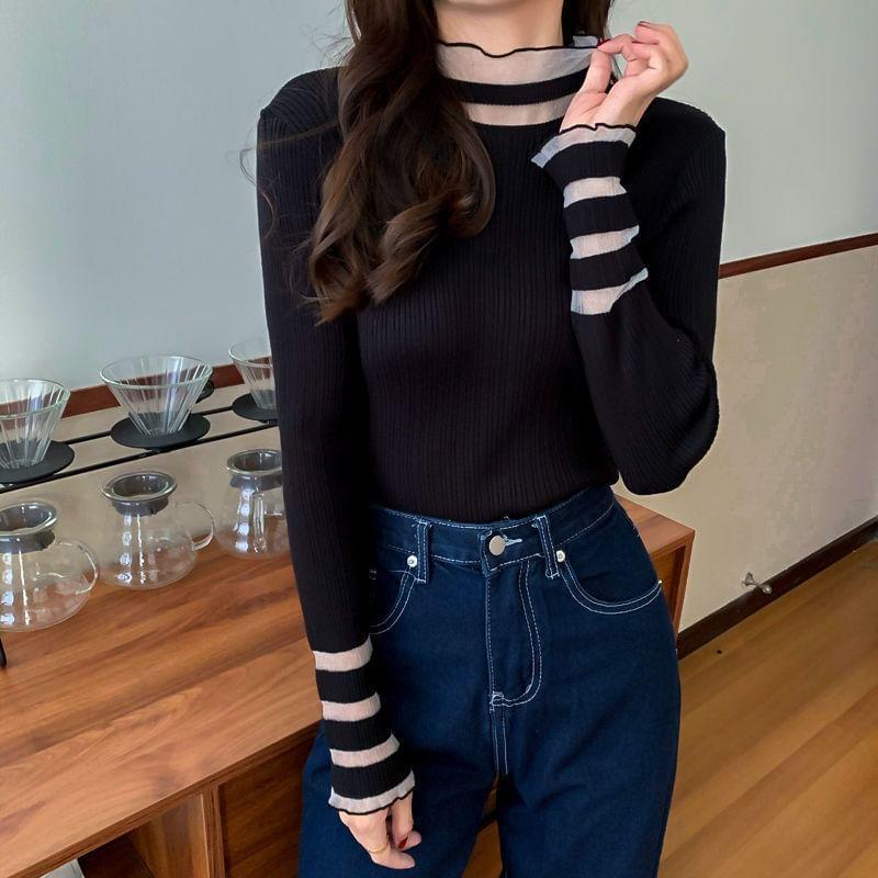 Long-Sleeve Mock Neck Plain Mesh Panel Ribbed Knit Top Product Image