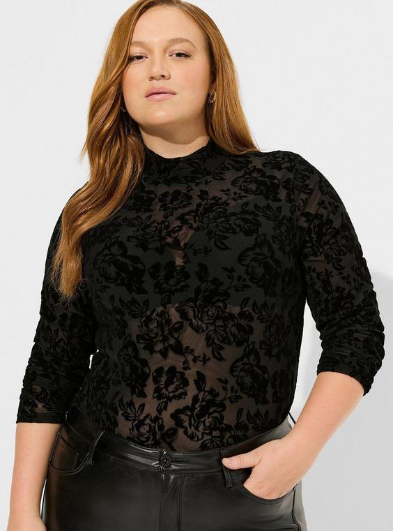 Flocked Mesh Mock Neck Long Sleeve Top Product Image