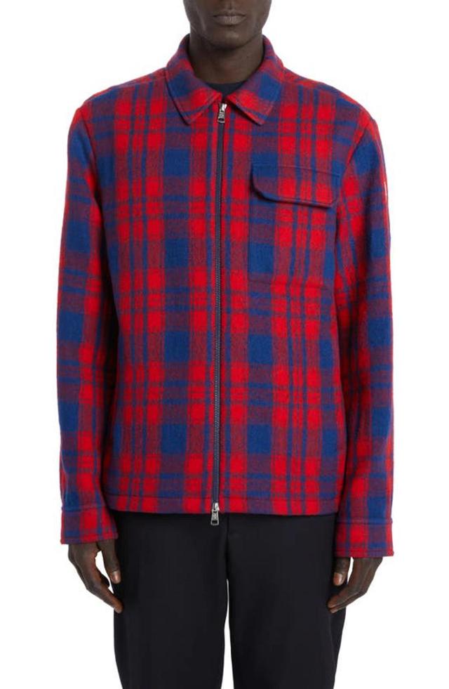 MONCLER Plaid Virgin Wool Flannel Zip Overshirt In Check Blue Red Product Image