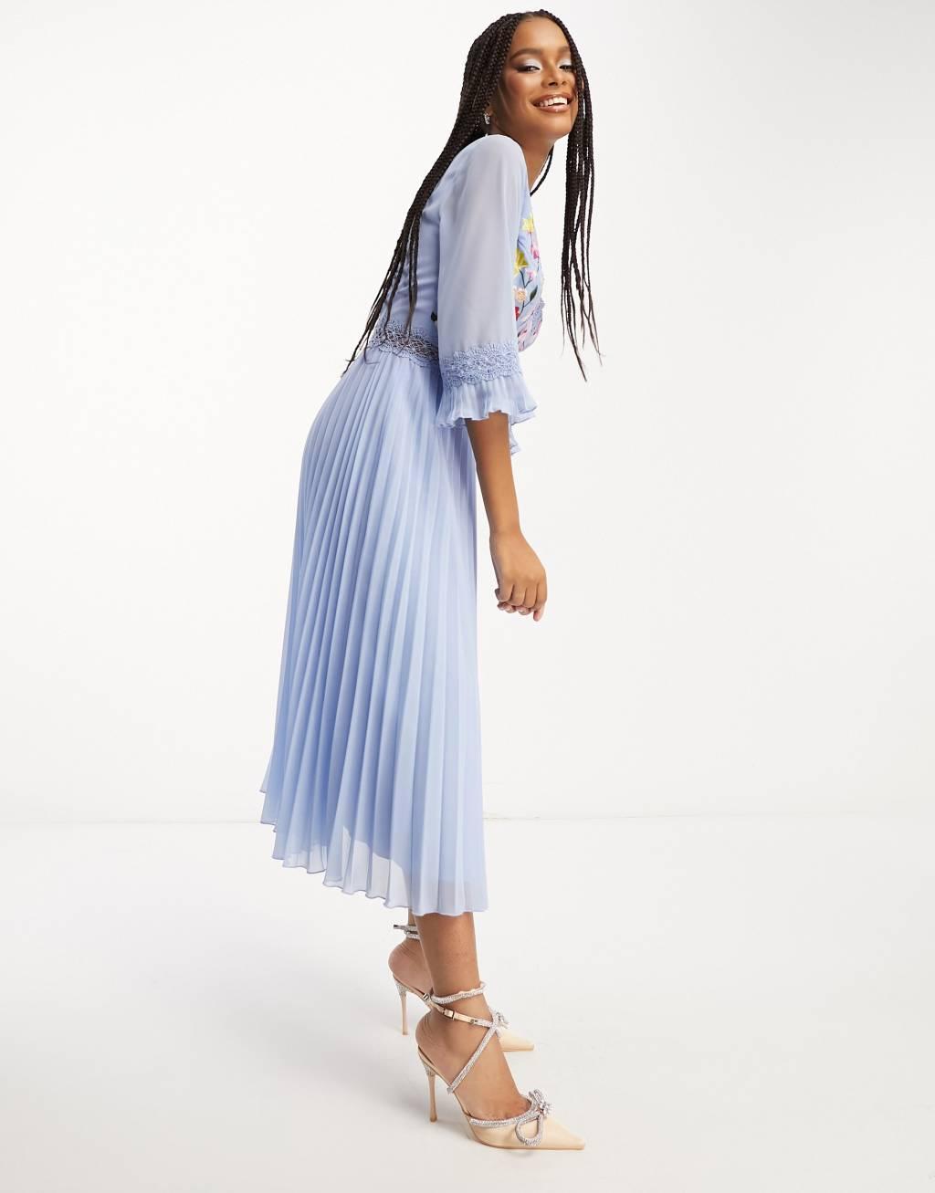 ASOS DESIGN lace insert pleated midi dress with embroidery in pale blue Product Image