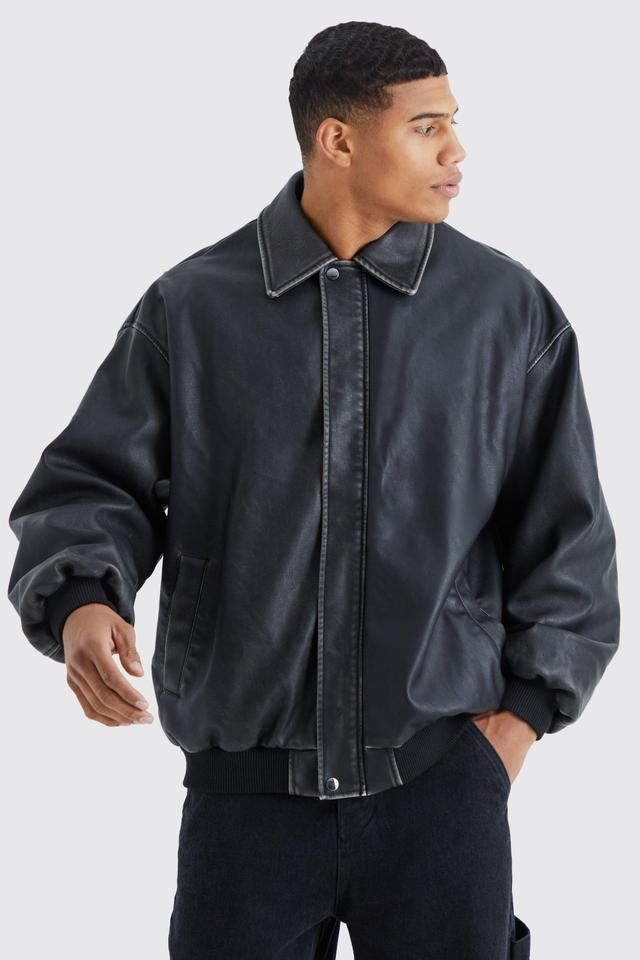 Oversized Distressed Pu Bomber With Panel | boohooMAN USA Product Image