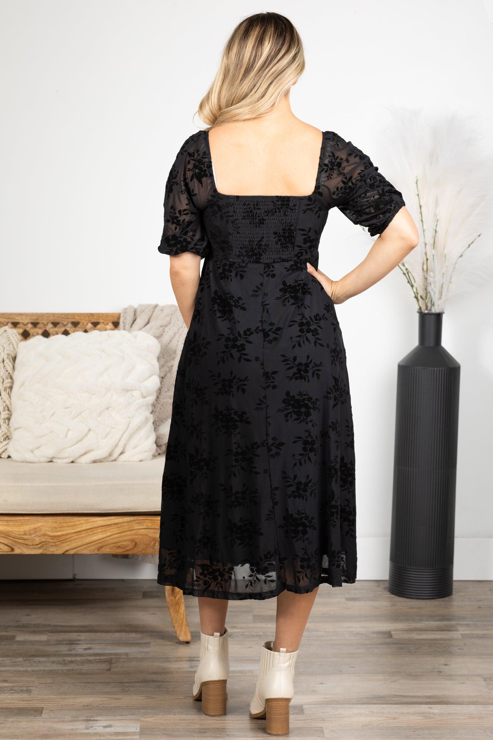 Black Floral Velvet Twist Front Midi Dress Product Image