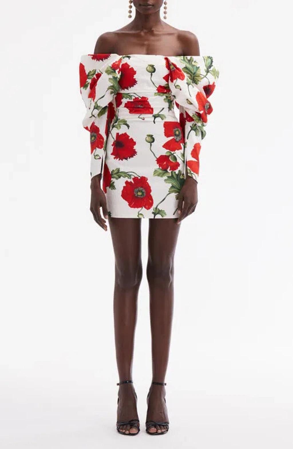 OSCAR DE LA RENTA Poppies Off The Shoulder Long Sleeve Minidress In White Red Product Image