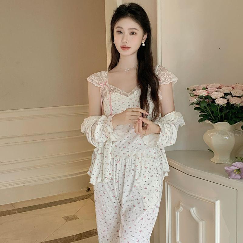 Pajama Set: Floral Lace Trim Camisole Top + Ruffle Pants + Shirt Product Image