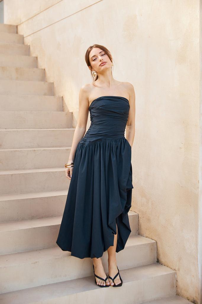 Wedded Romance Strapless Bubble Midi Dress Black Product Image