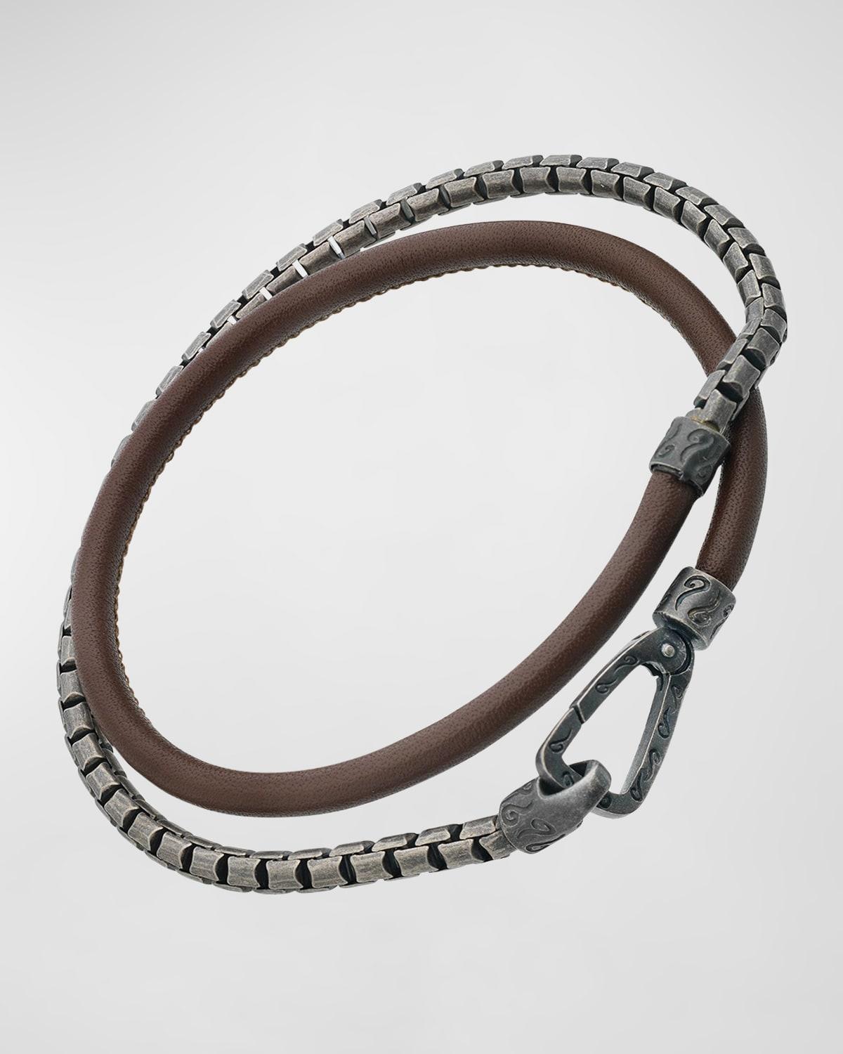 Mens Double Mix Brown Smooth Leather and Oxidized Silver Chain Bracelet Product Image