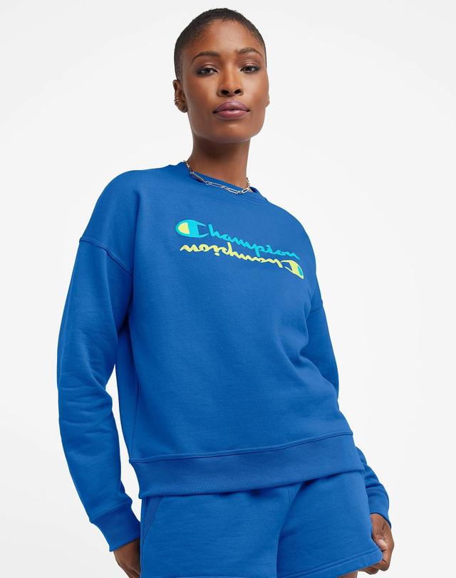 Womens Champion Powerblend Crewneck Sweatshirt, Mirrored Script Logo Odyssey L Product Image