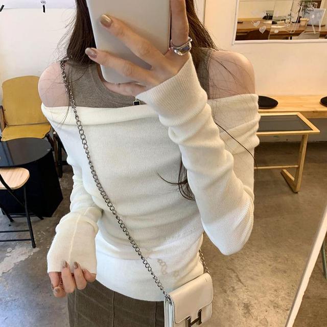 Long-Sleeve Crew Neck Cold Shoulder Mock Two-Piece Two Tone Knit Top Product Image