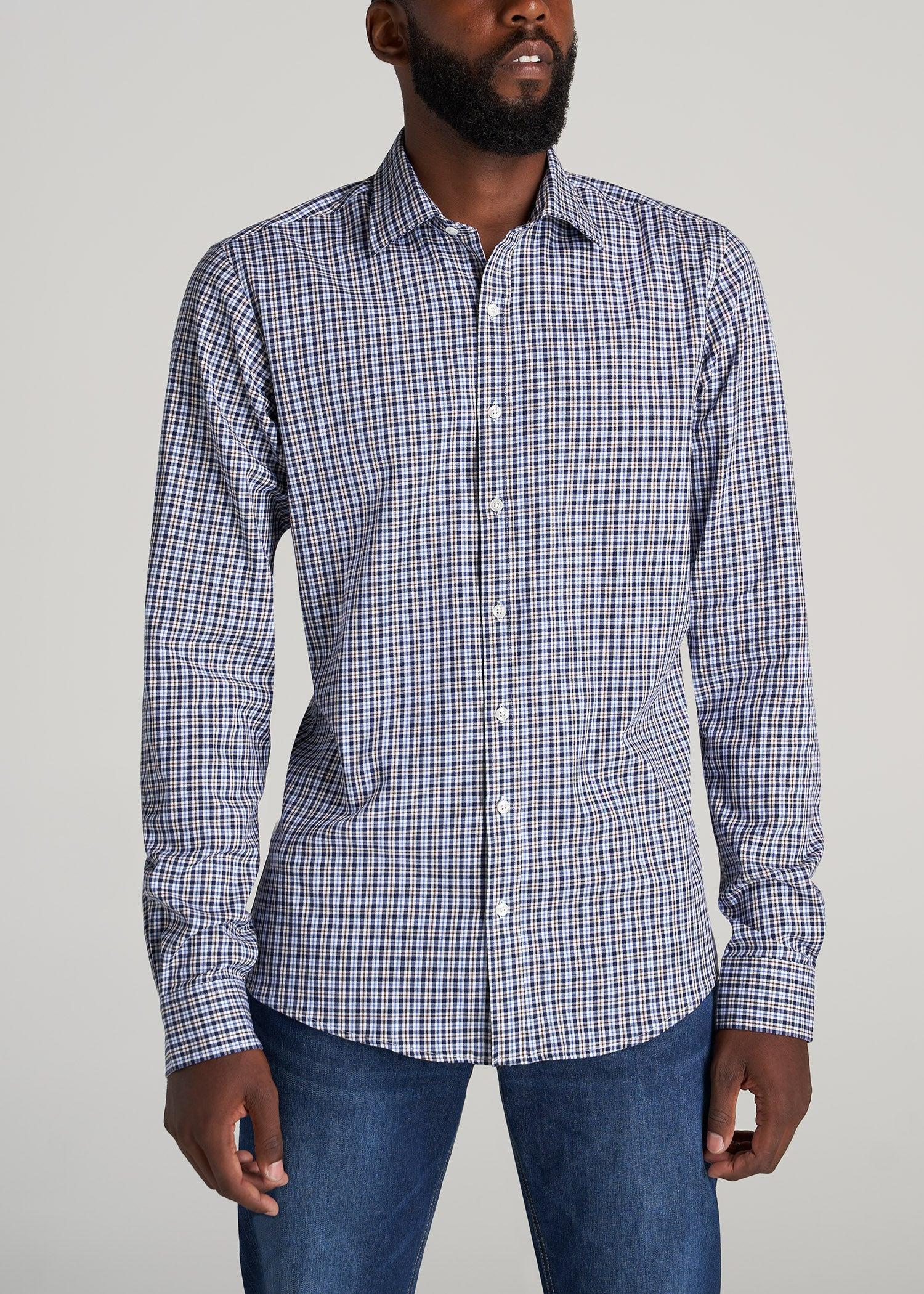 Oskar Button-Up Shirt for Tall Men in Cobalt & Chocolate Brown Micro Plaid Product Image