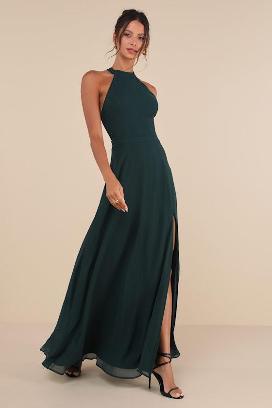 Confidently Charismatic Emerald Backless Halter Maxi Dress Product Image