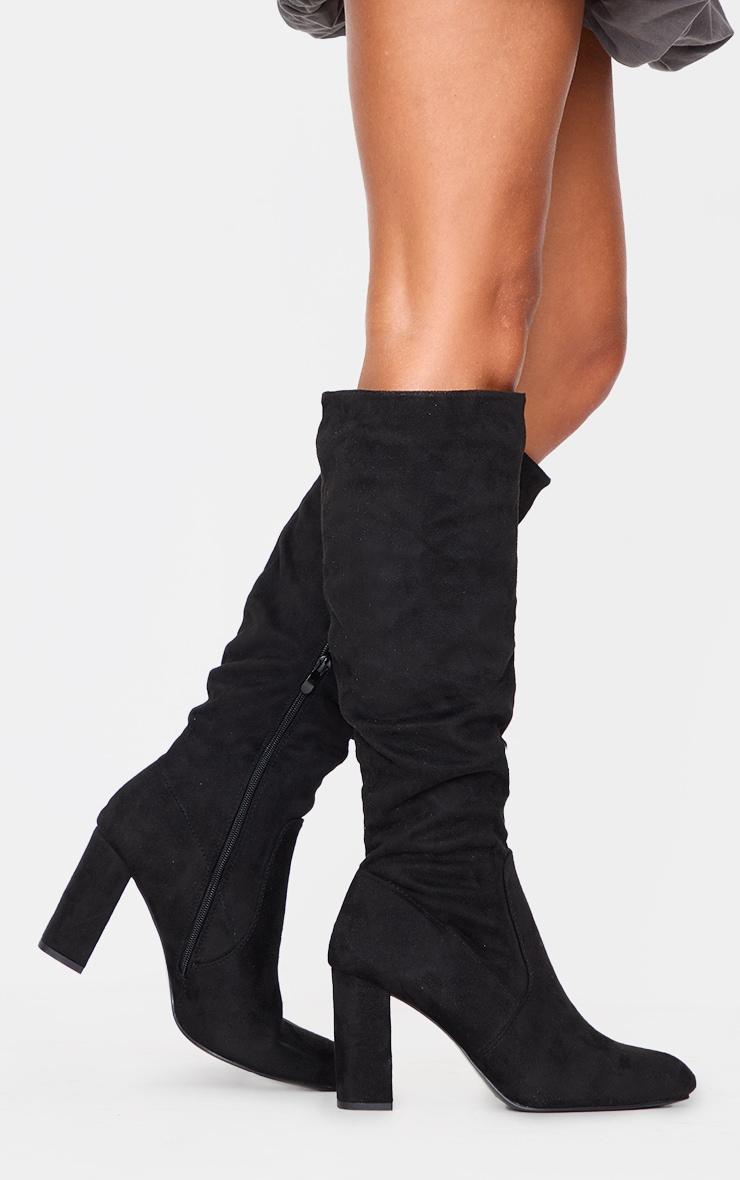 Black Faux Suede Point Toe Ruched High Blocked Heeled Knee Boots product image