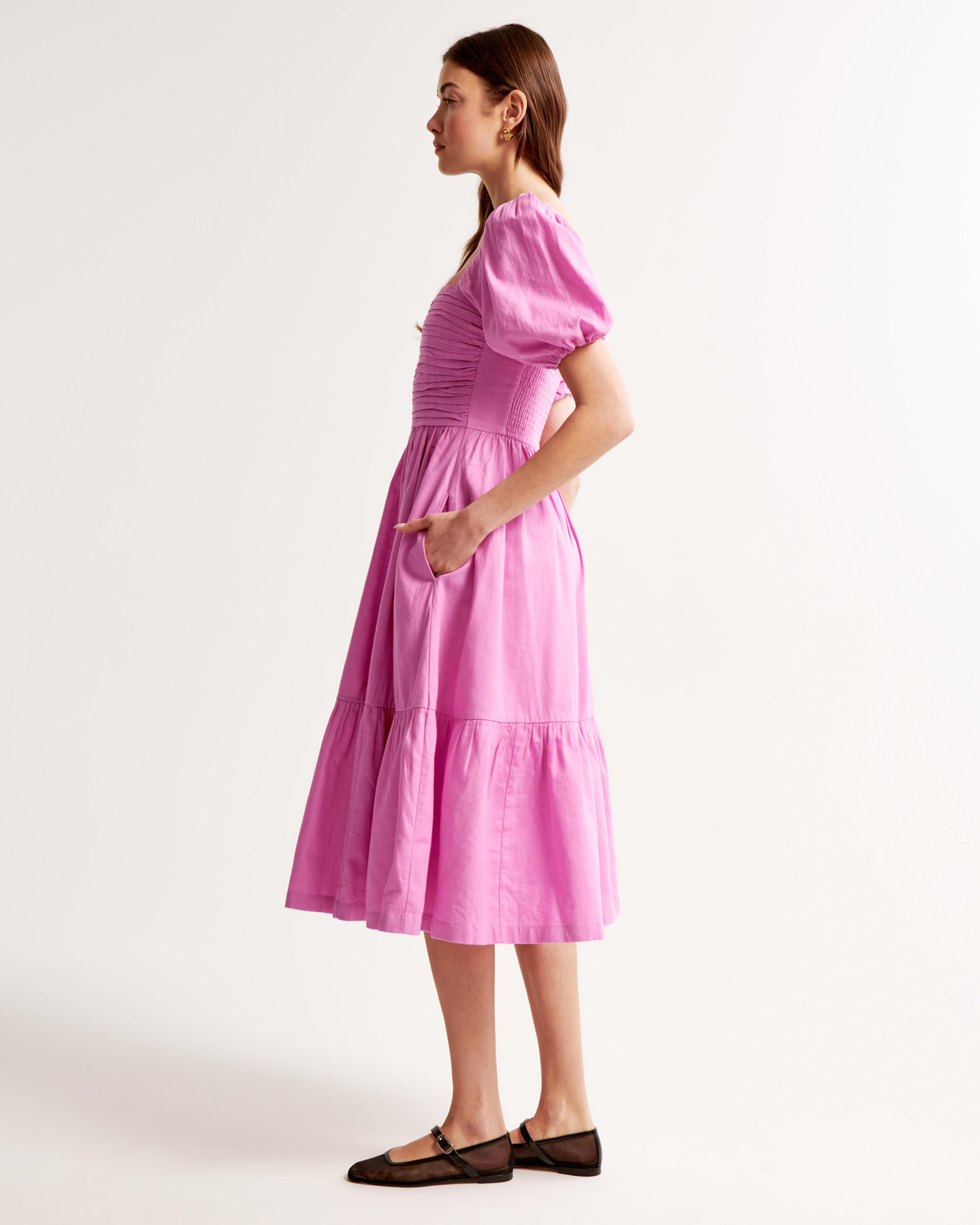 The A&F Emerson Linen-Blend Puff Sleeve Midi Dress Product Image