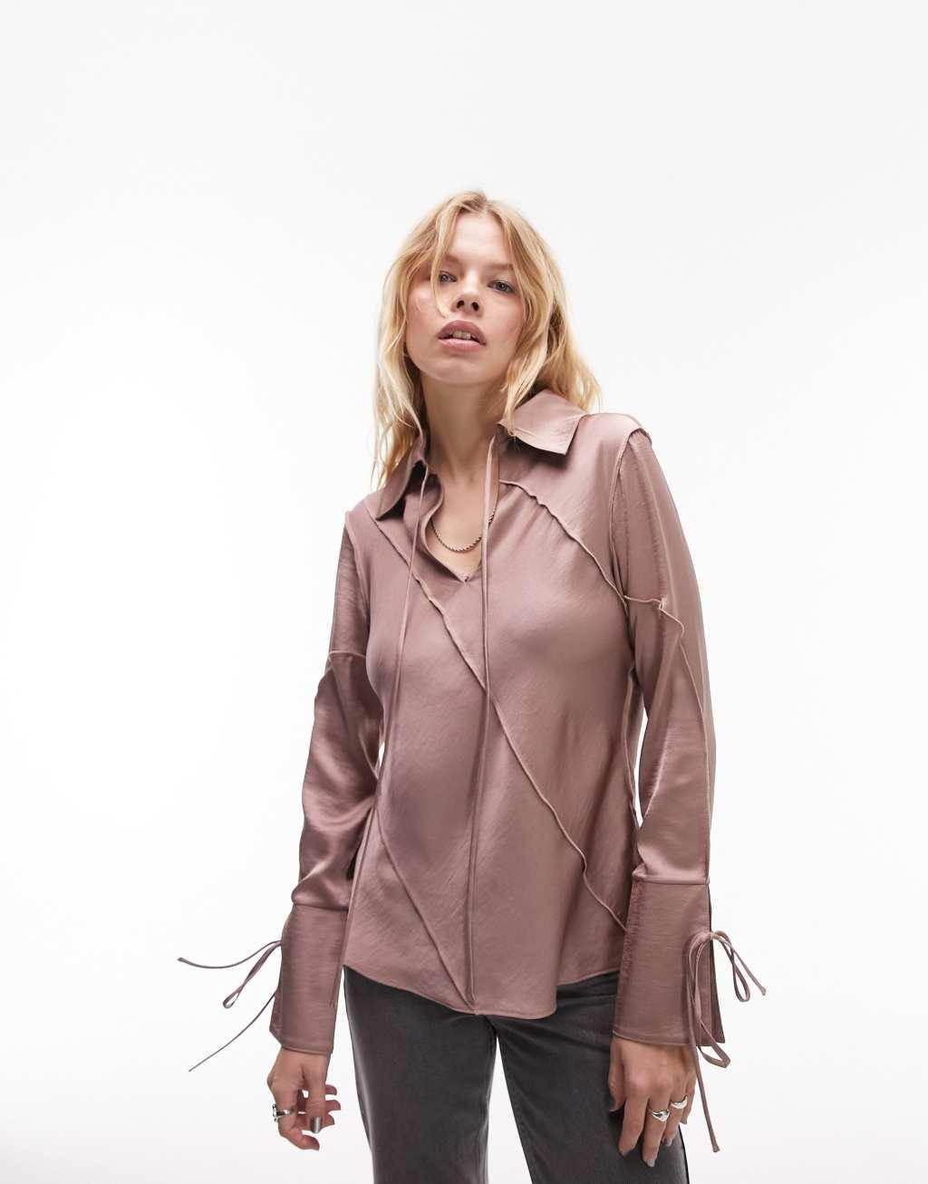 Topshop satin raw edge top in dusky lilac Product Image