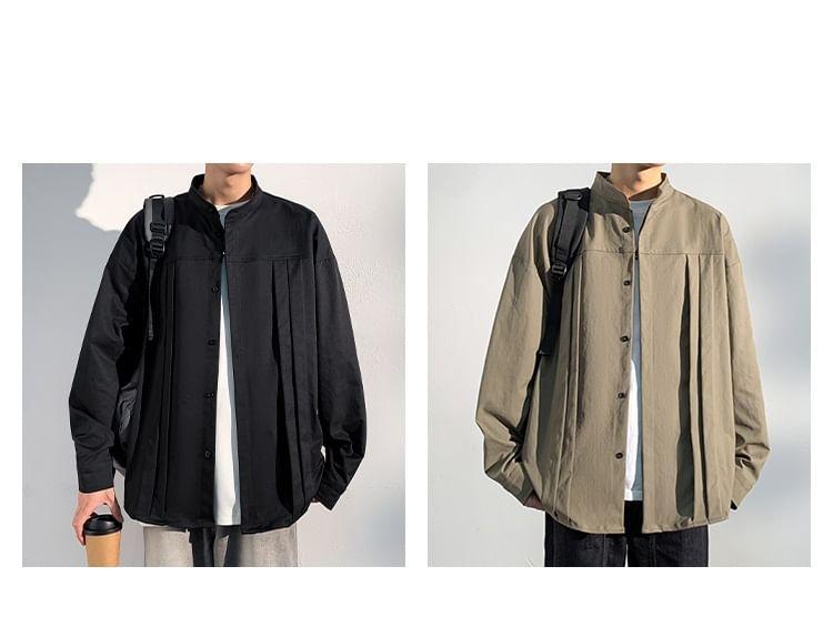 Long Sleeve Band Collar Plain Pleated Shirt product image