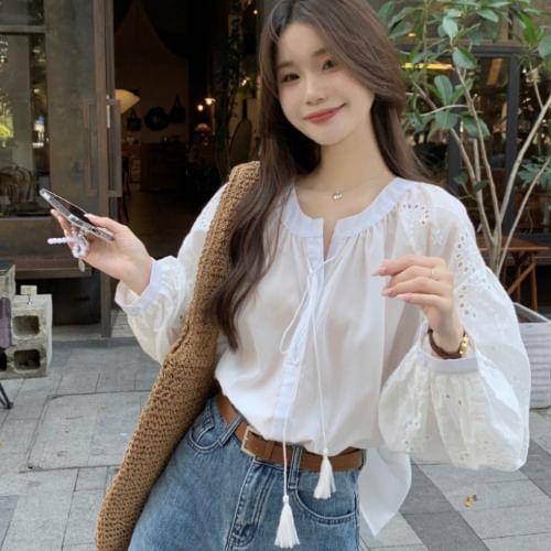 Puff-Sleeve Plain Tasseled Eyelet Lace Blouse Product Image