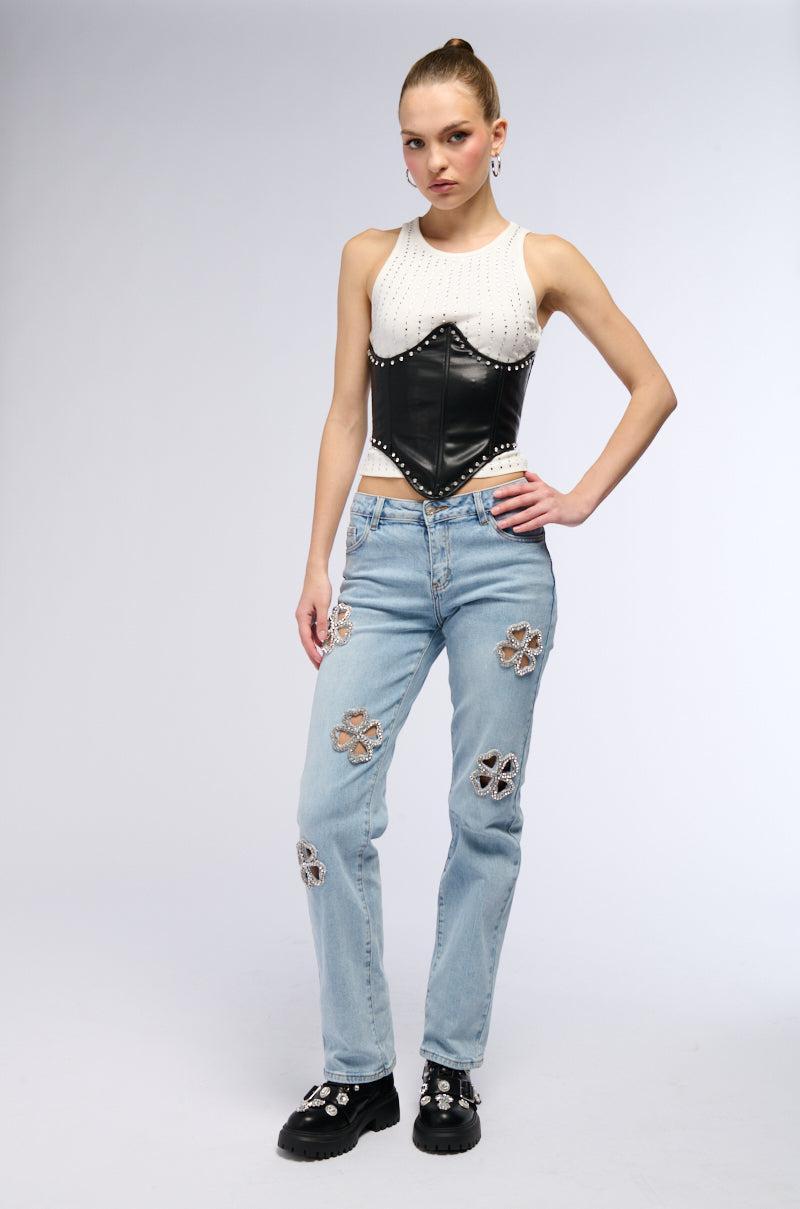 DIVINE FEMININE ENERGY RHINESTONE DETAIL JEANS Product Image