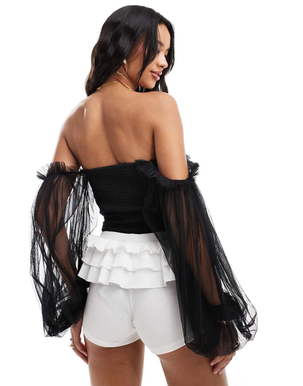 Lace & Beads balloon sleeve ruched bodysuit in black Product Image