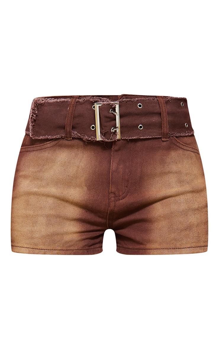 Washed Brown Eyelet Detail Belted Denim Shorts Product Image