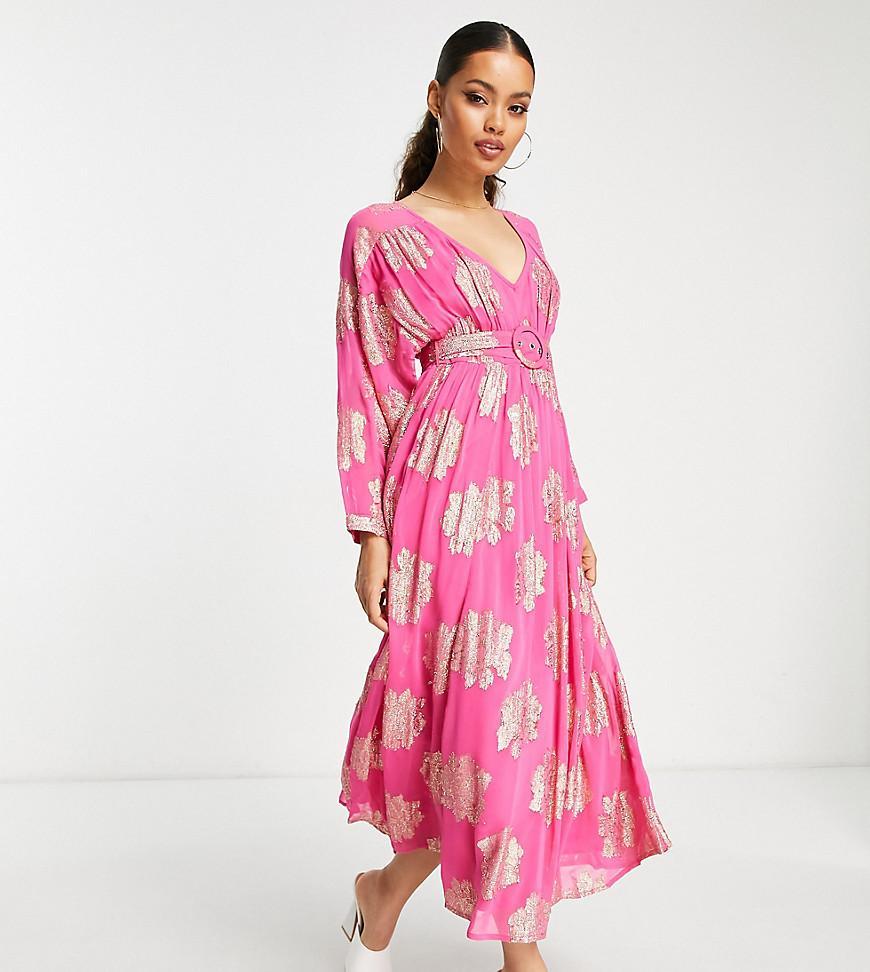 ASOS DESIGN Petite belted batwing maxi tea dress in pink metallic jacquard Product Image