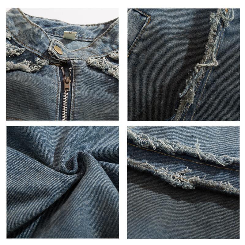 Stand Collar Fringed Washed Denim Zip Jacket Product Image