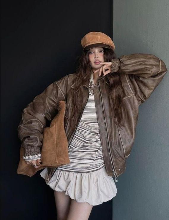 Long Sleeve Washed Faux Leather Loose-Fit Zip-Up Jacket Product Image