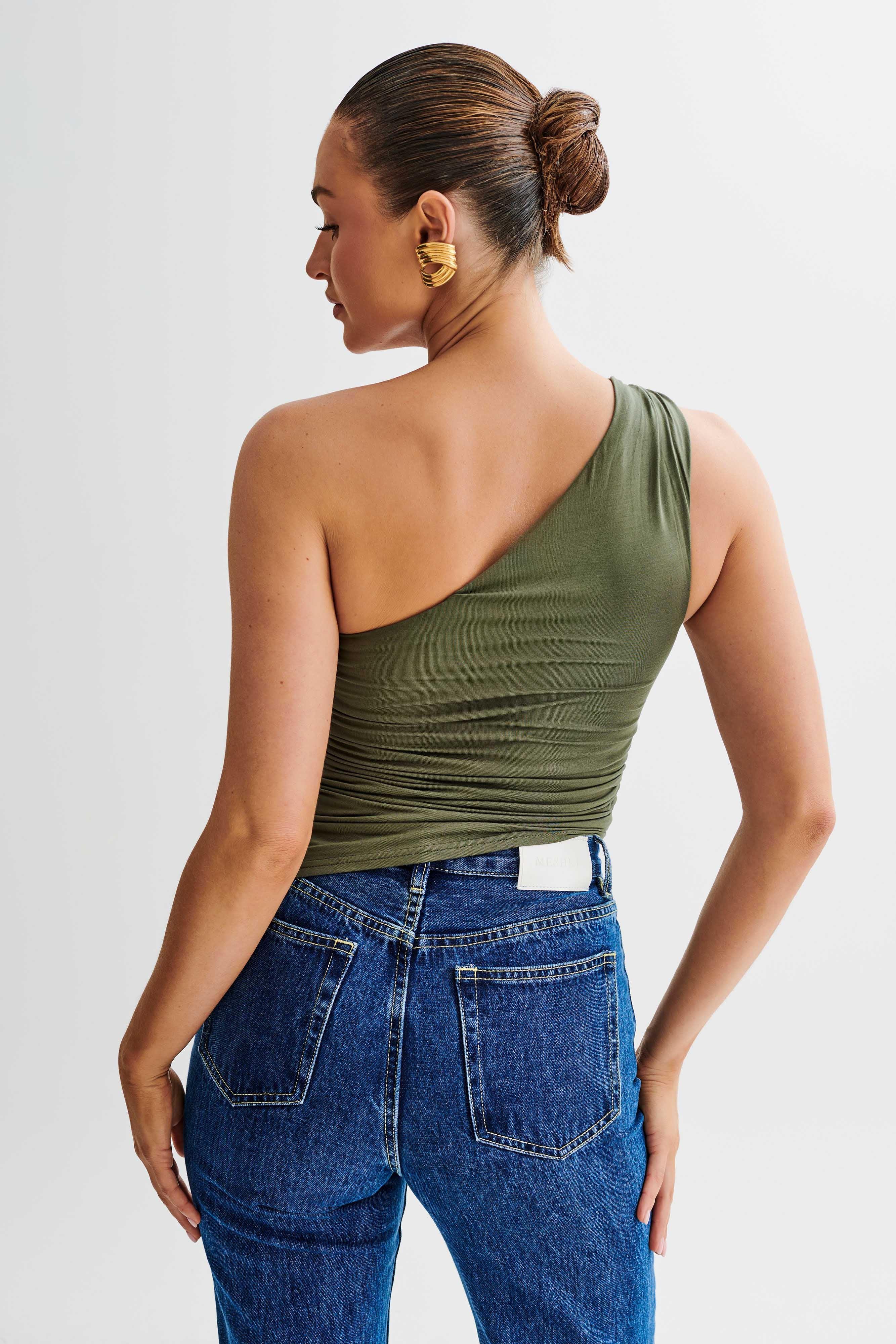 Sarah One Shoulder Modal Asymmetric Top - Military Olive Product Image