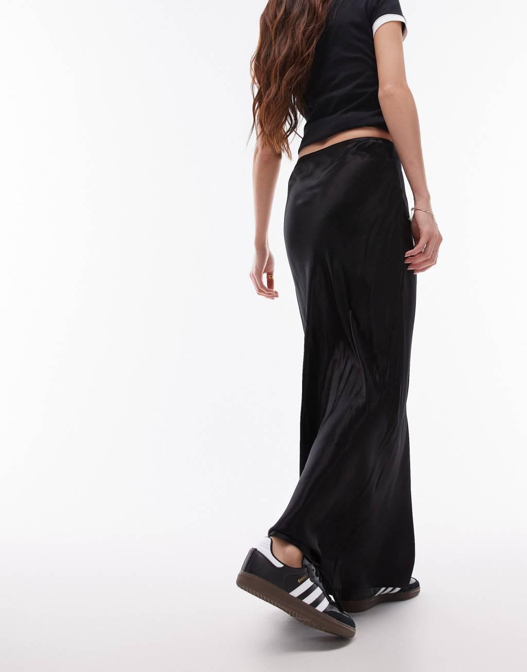 Topshop satin bias maxi skirt in black Product Image