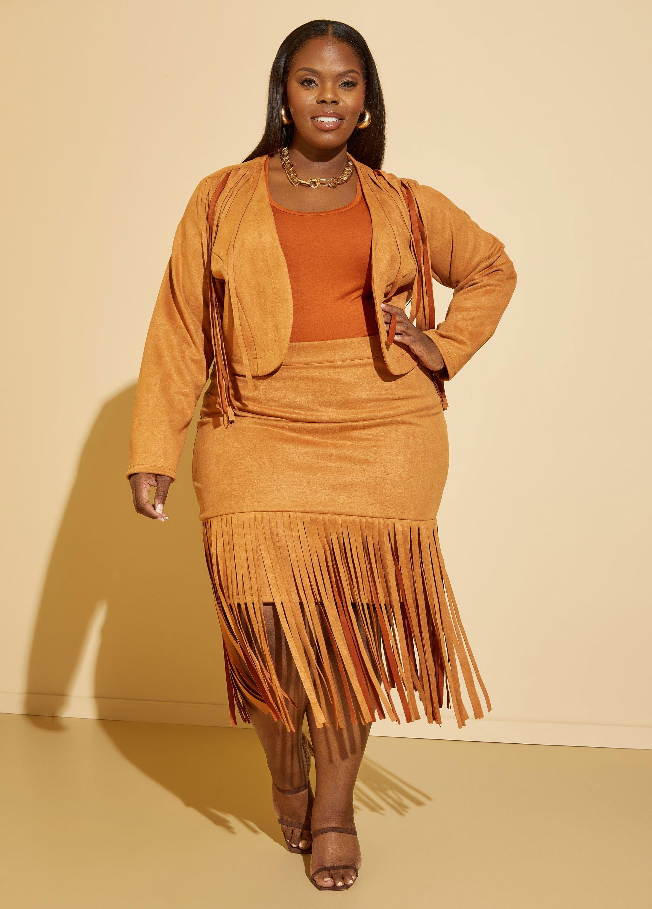 Plus Size Faux Suede Fringed Midi Skirt Ashley Stewart product image