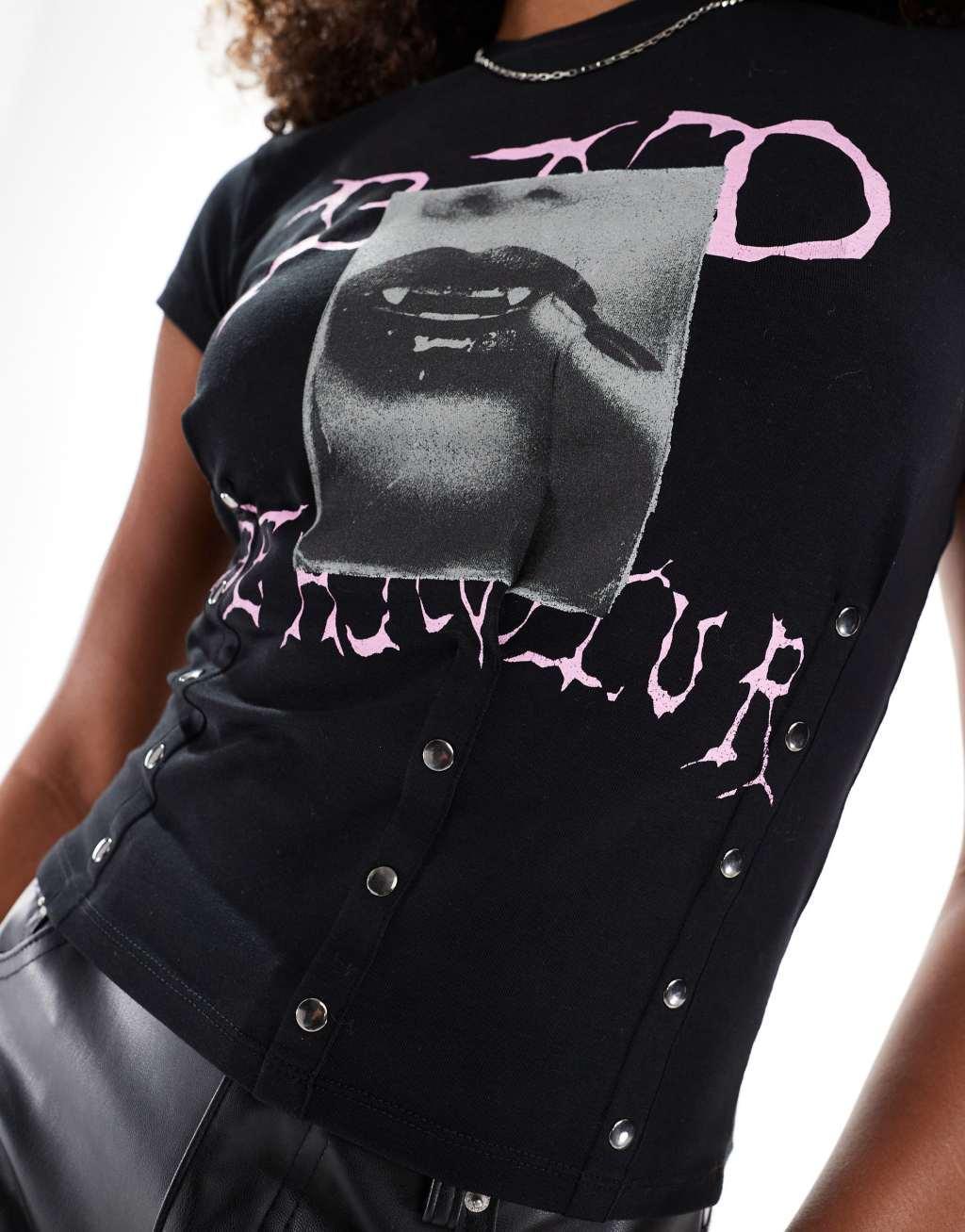 ASOS DESIGN corset tee with pink print and studs in black Product Image