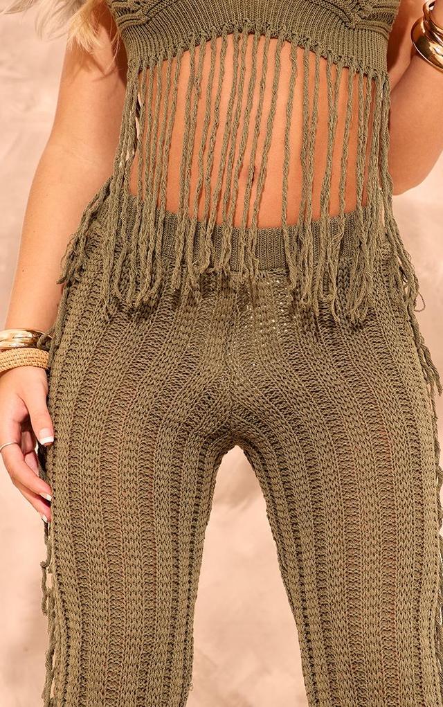 Khaki Tassel Crochet Wide Leg Pants Product Image