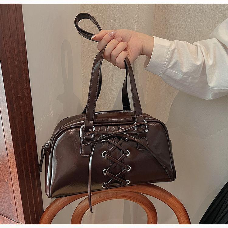 Lace-Up Faux Leather Bowler Bag Product Image