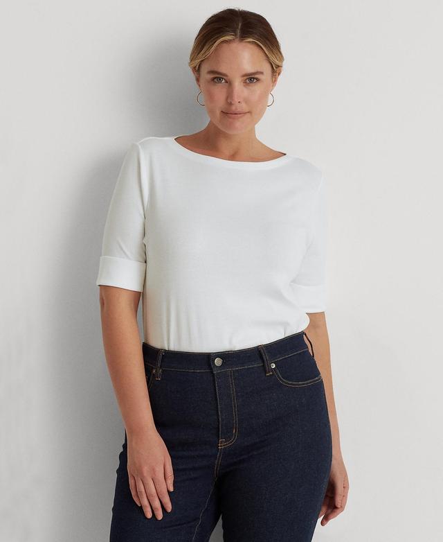 Lauren Ralph Lauren Plus Size Stretch Cotton Boat Neck Short Folded Elbow Sleeve Top Product Image