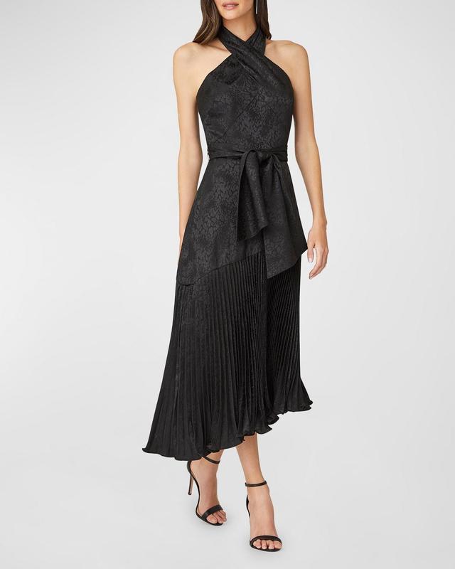 Roya Pleated Asymmetric Halter Midi Dress Product Image