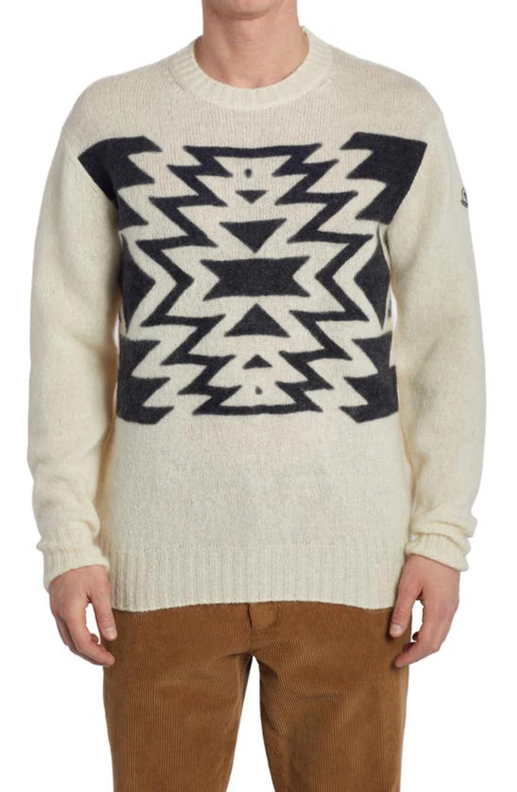 Geometric Knit Crewneck Sweater In White Black Product Image