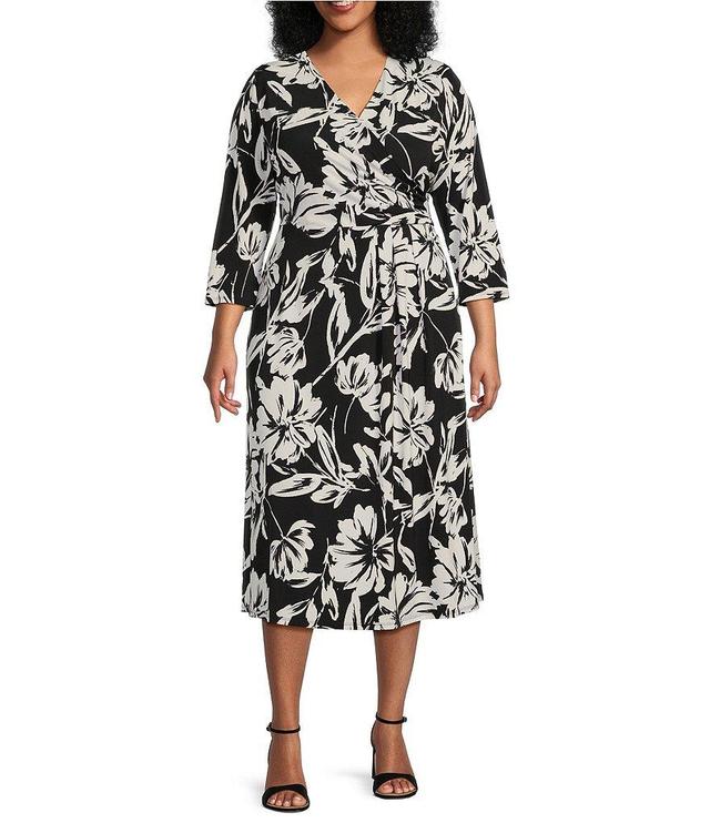 Investments Plus Size Soft Separates Floral Gestures Print Surplice V-Neck 3/4 Sleeve Faux Wrap Midi Dress Product Image